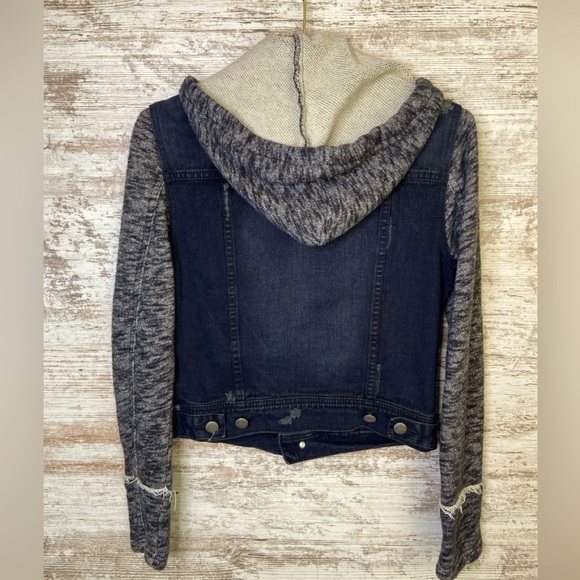 Free People dark wash/black distressed denim knit jacket Sz XS EUC - Picture 7 of 9